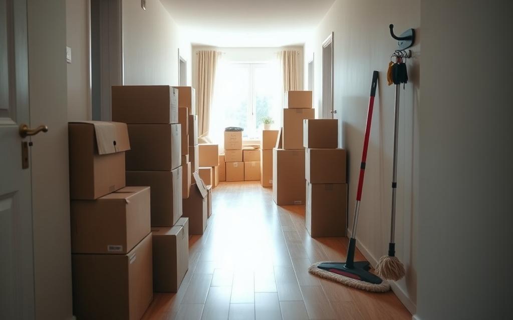 Moving boxes stacked in an apartment hallway beside a mop