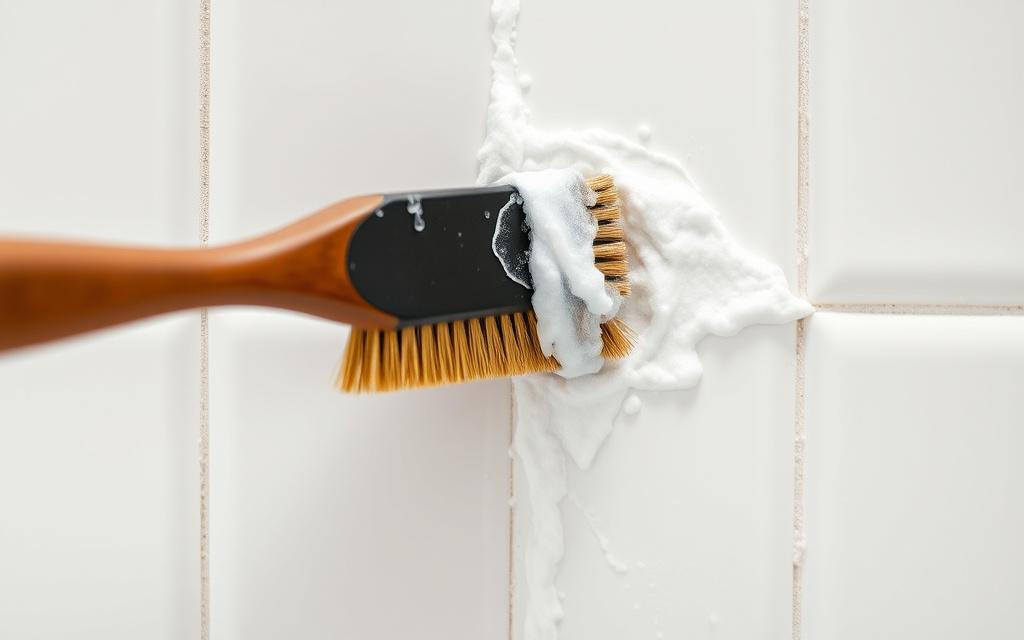 Stiff brush scrubbing bathroom tile grout, one section already white again