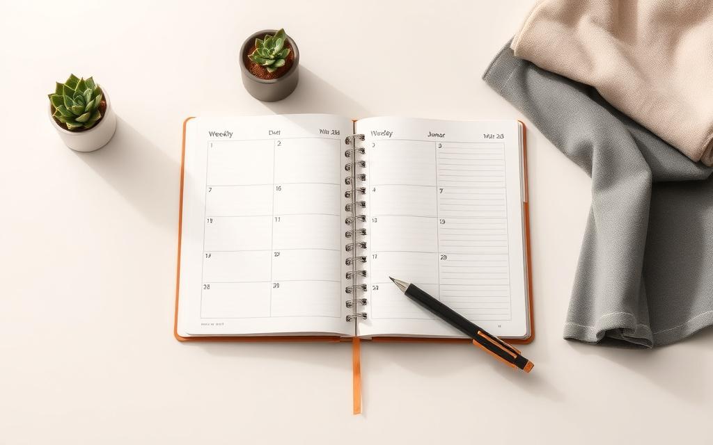 Open weekly planner on a desk next to folded cleaning cloths