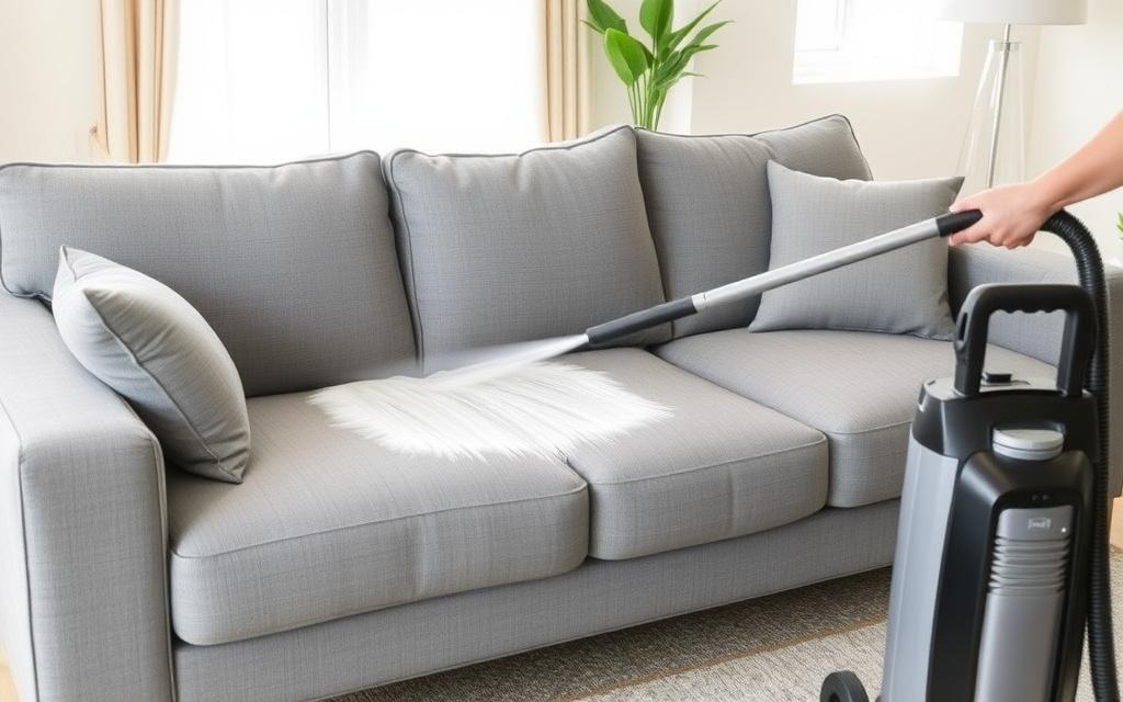 Hot water extraction cleaning on a fabric sofa
