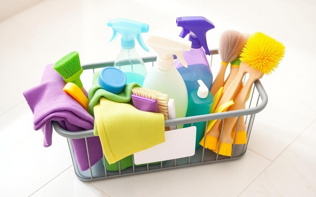 Colour-coded cloths and supplies in a cleaning caddy