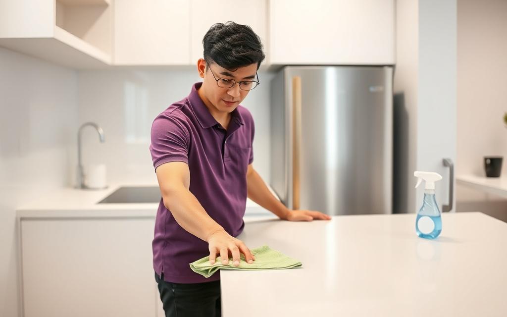 Crew member wiping kitchen surfaces on a scheduled weekly visit